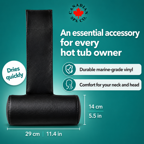 Black neck pillow with Canadian Spa Co. branding on a teal background, highlighting features and measurements.