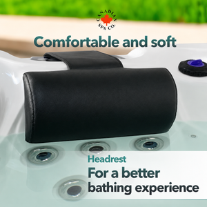 Black headrest on a hot tub with text about comfort and a brand logo.