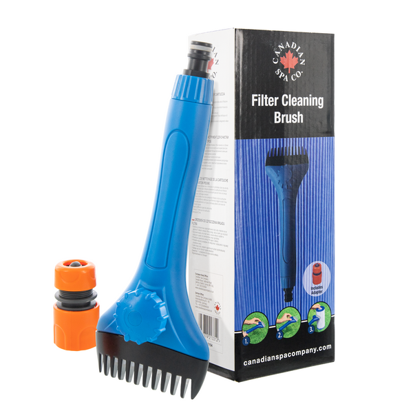 Easy use filter cleaning brush. Attach to garden hose with connector included.