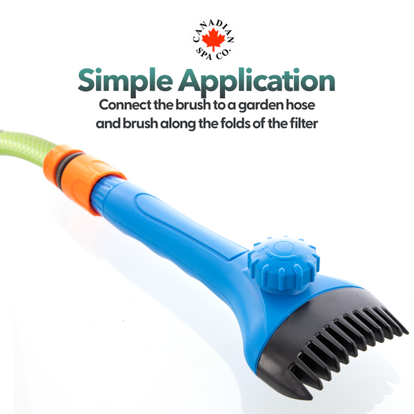 Easy use filter cleaning brush. Attach to garden hose with connector included.