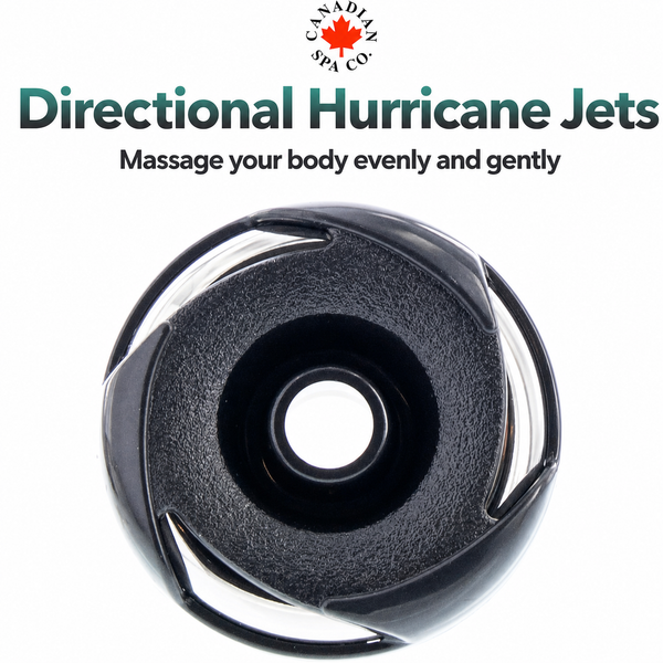 A black directional massage jet from Canada Spa Co., shown from a top-down view on a white background with product text above.