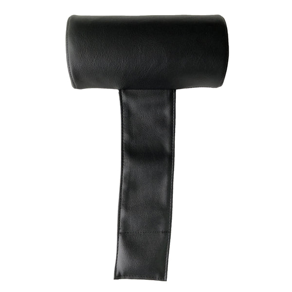A black portable spa headrest with a strap